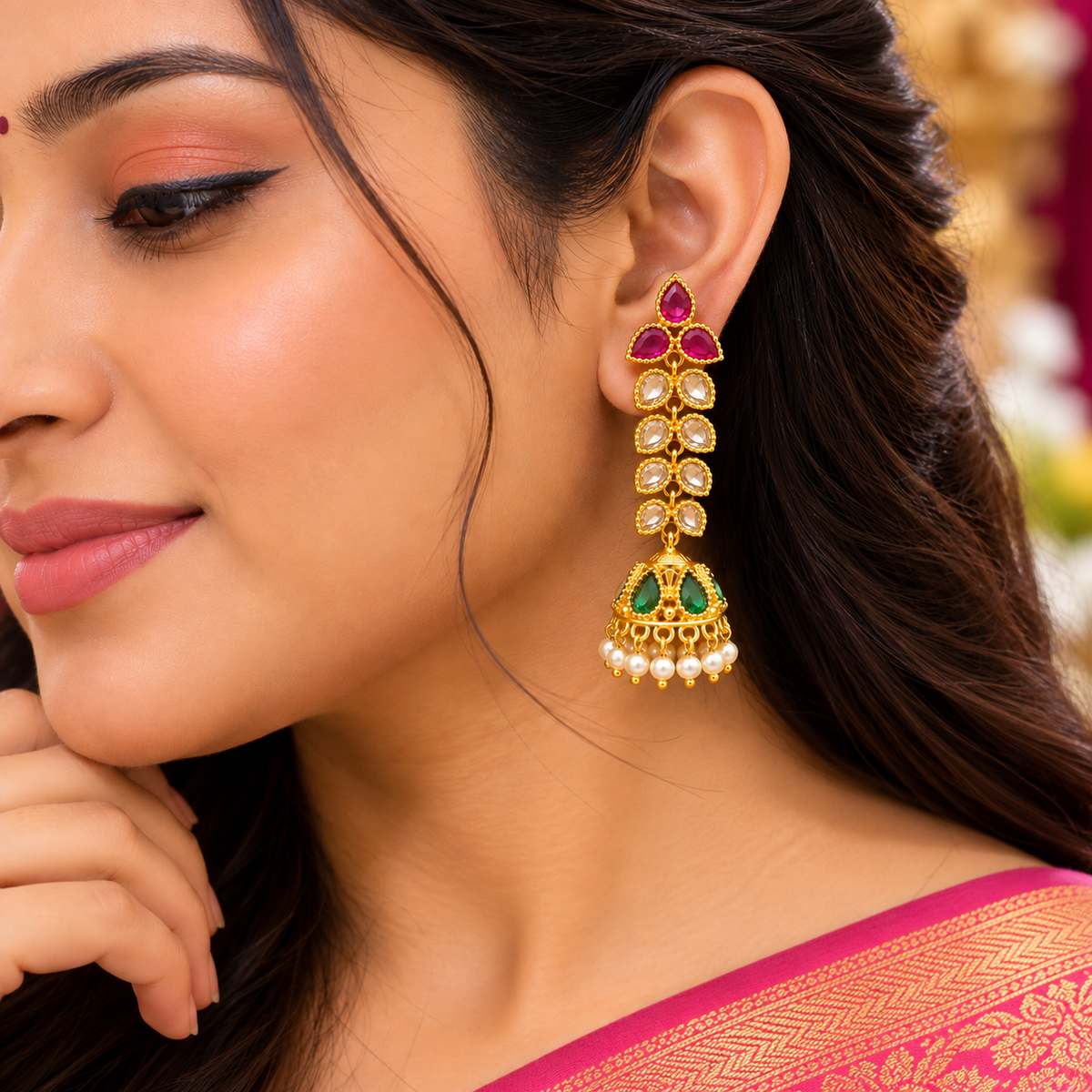 Royal Ruby & Emerald Stone Jhumka Earrings 👑✨