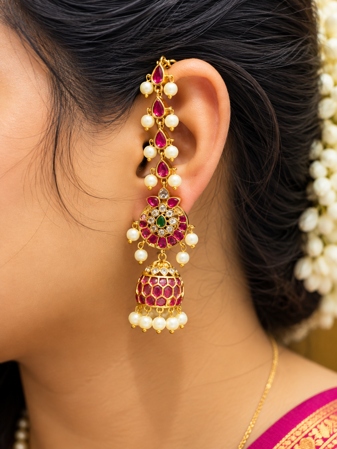Ruby Pearl Floral Jhumka Ear Chain 💕🤩