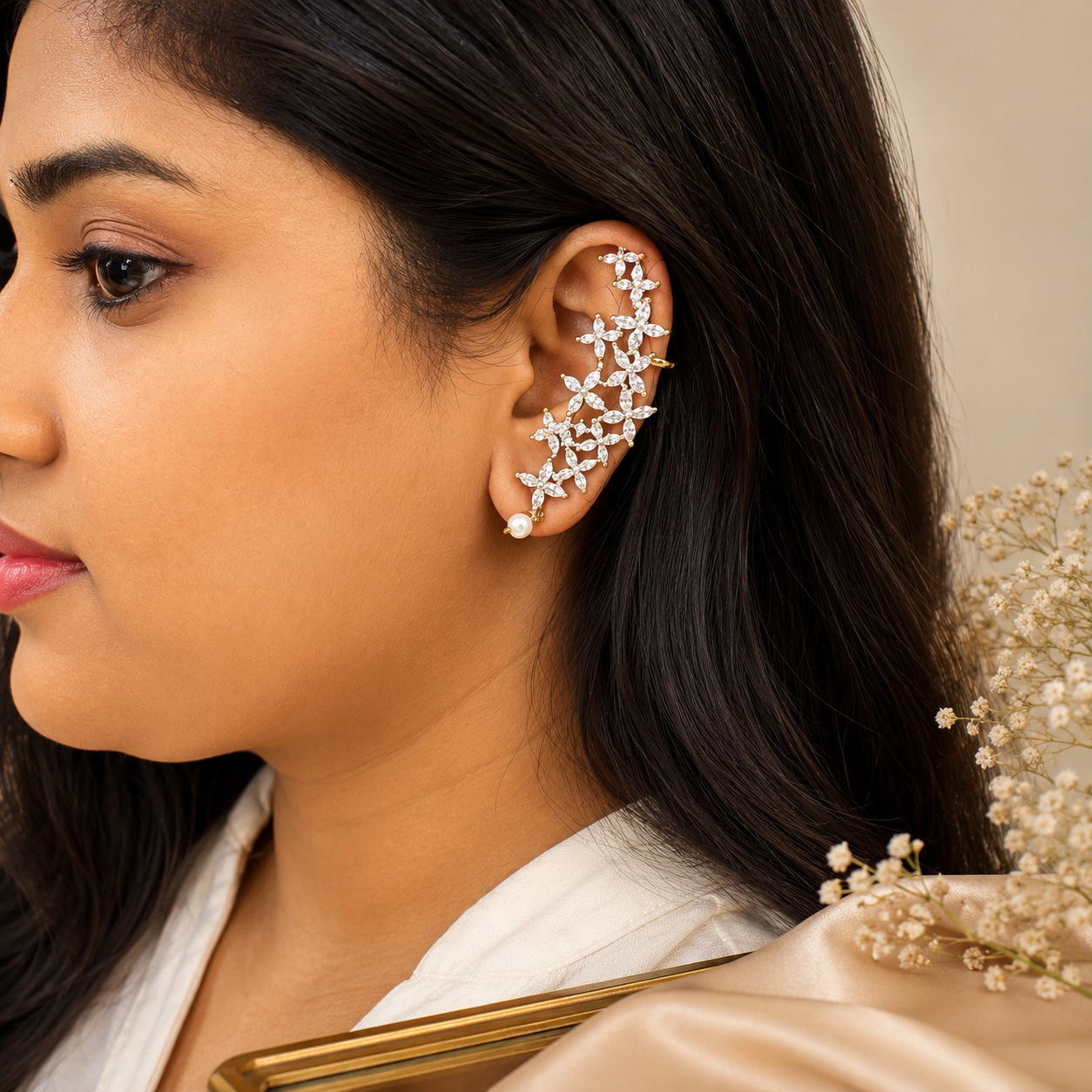 Luxury Floral Diamond Ear Cuff with Pearl Drop β¨π«