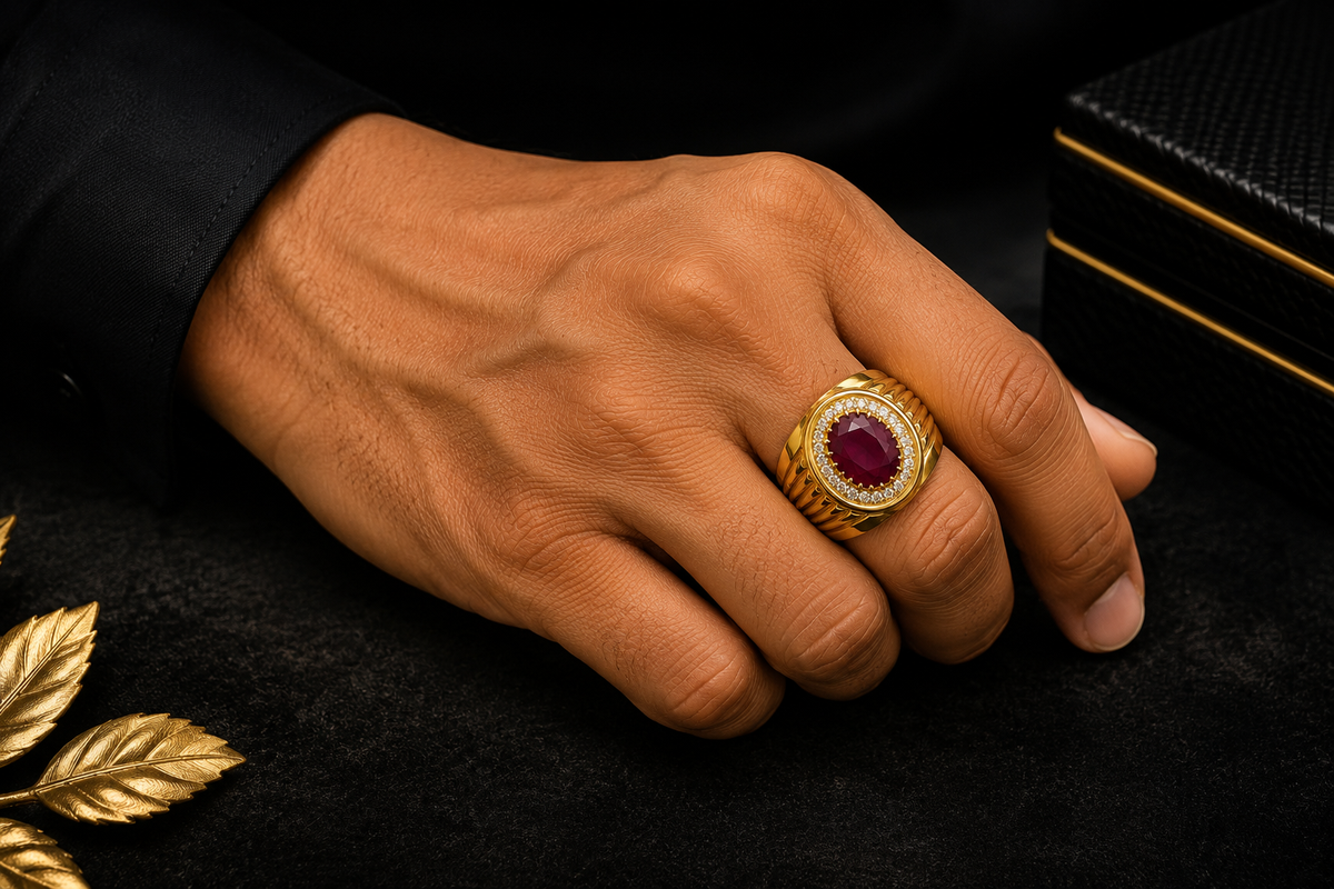 Men’s Royal Ruby Gold Statement Ring 🌟✨