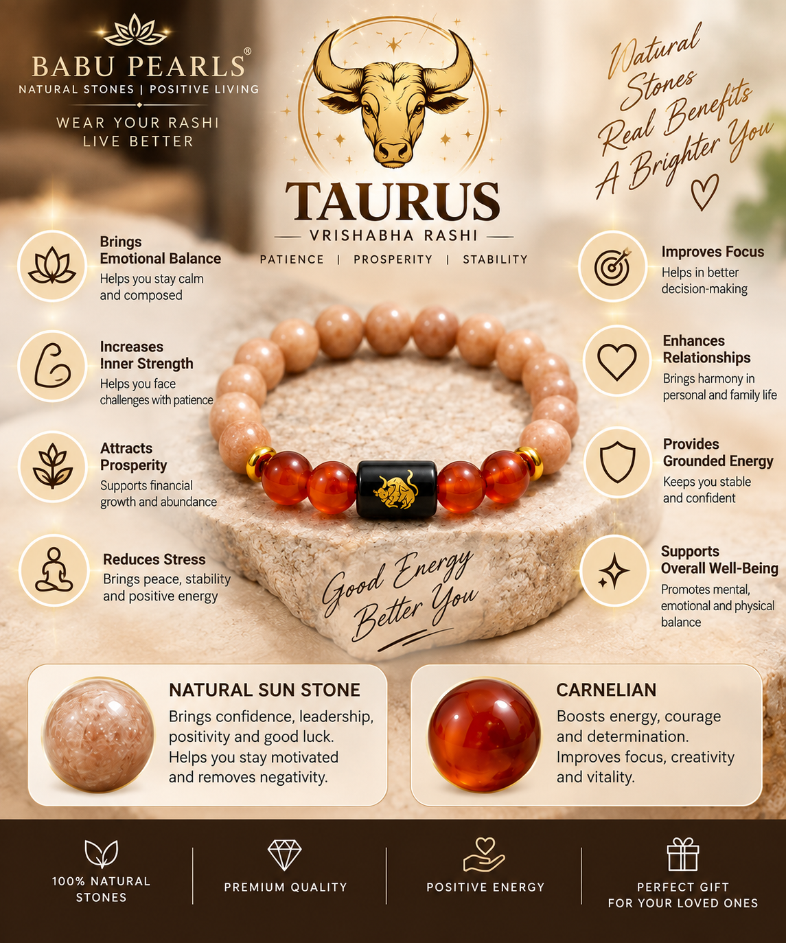 Taurus (vrishabha rasi) sunstone and carenelian bracelet