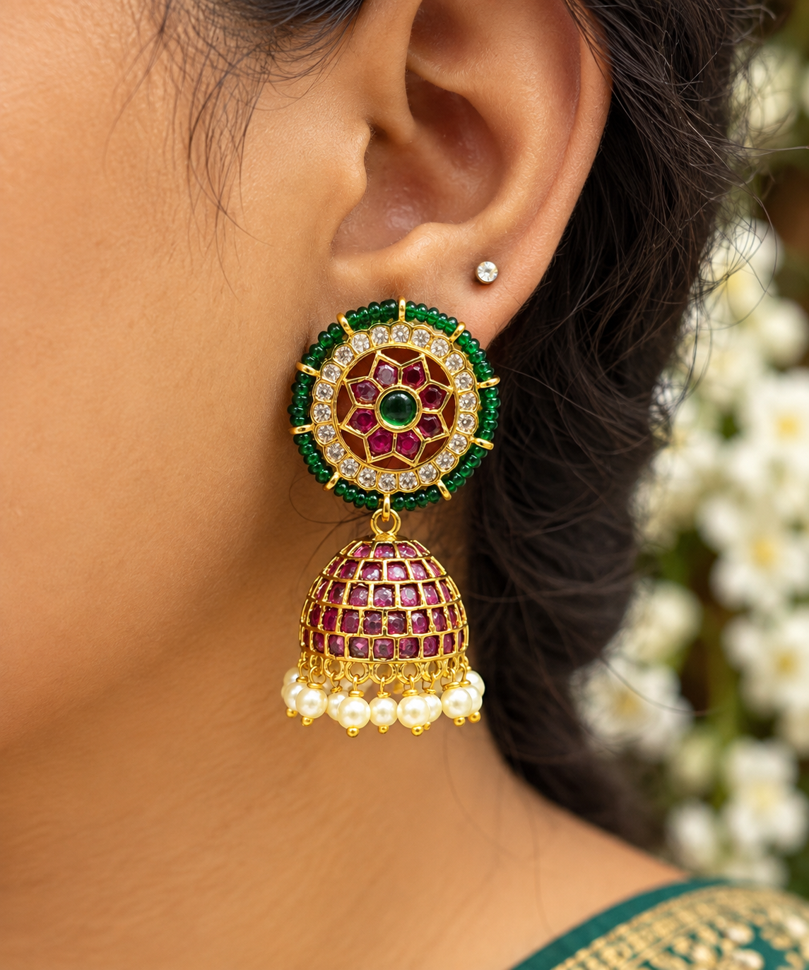 Green Ruby Pearl Jhumka Earrings ✨