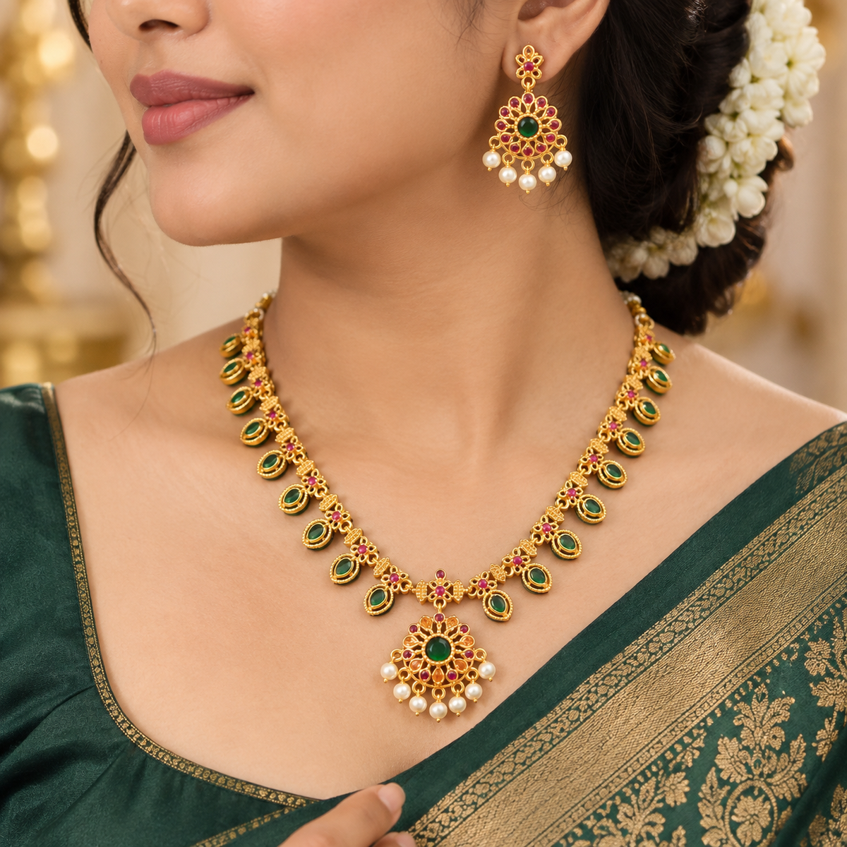 Royal Emerald Ruby Stone Necklace Set with Pearl Drops ⚡️✨😇