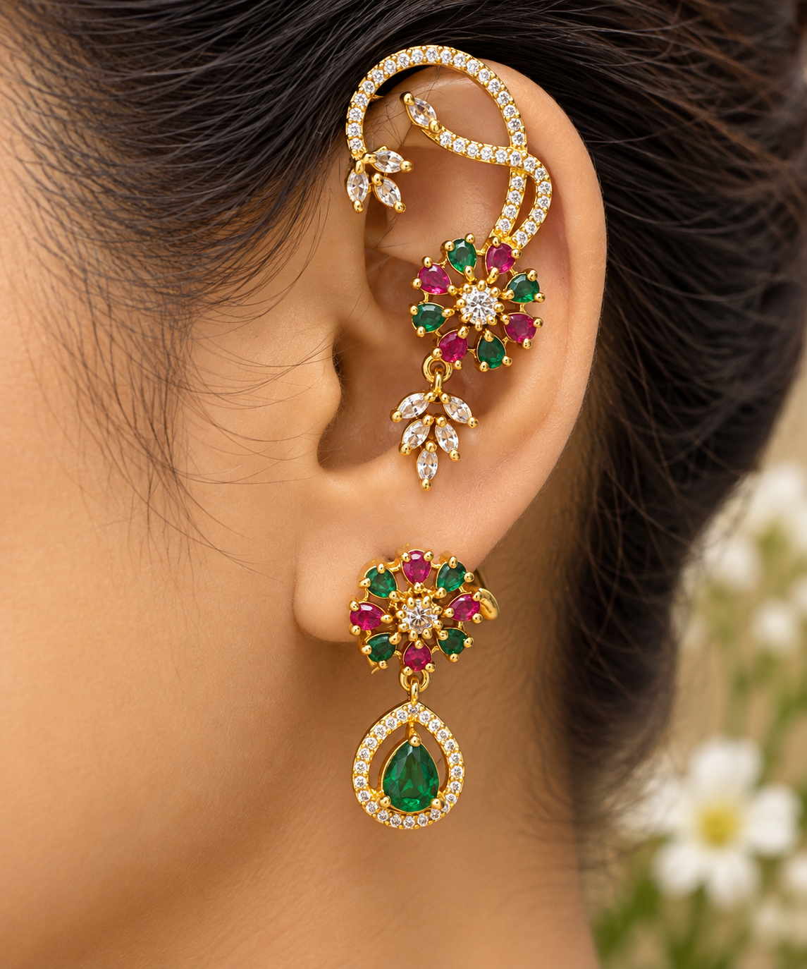 Royal Multicolor Floral Ear Cuff & Drop Earrings ✨