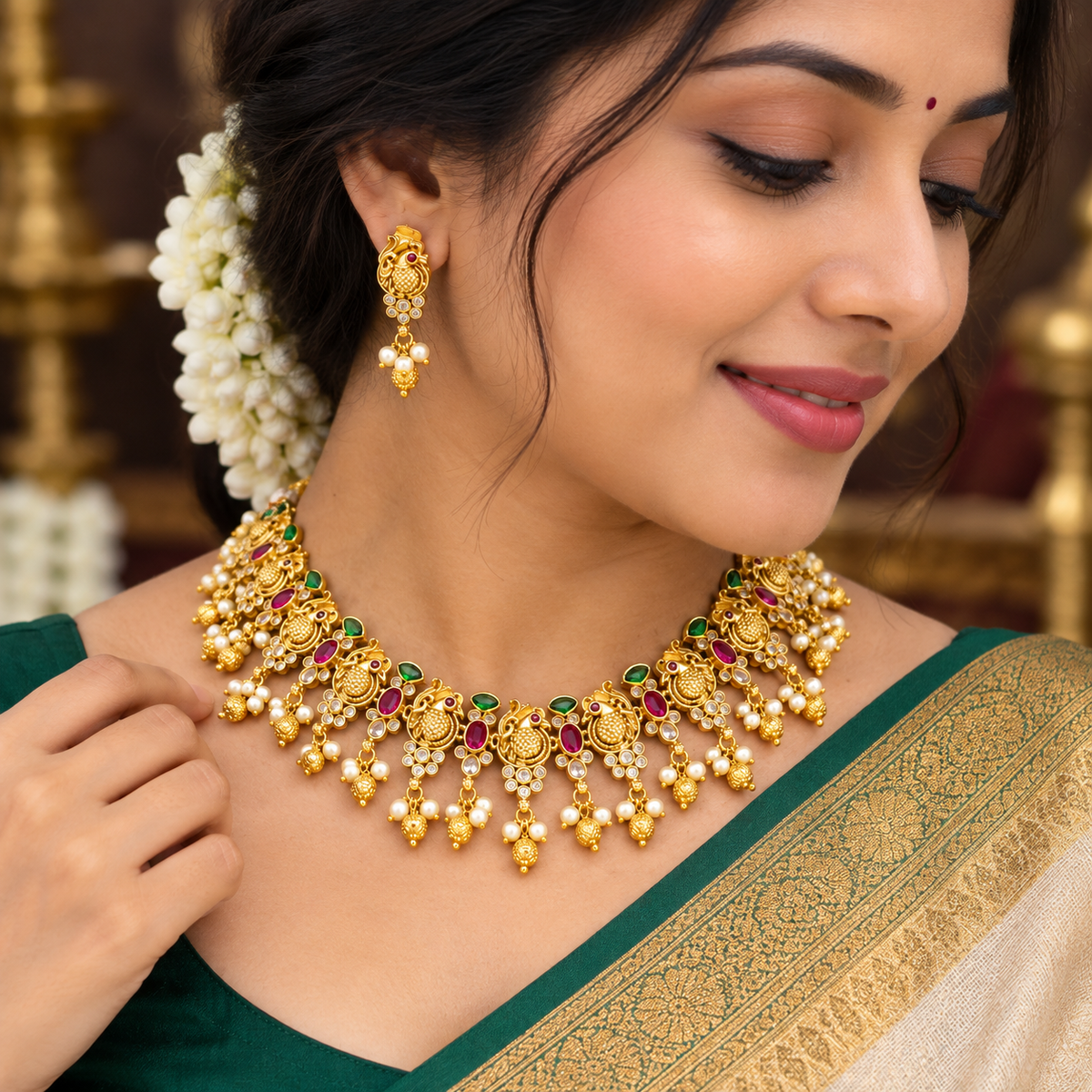 Traditional Peacock Kemp Stone Bridal Necklace Set ✨🥰