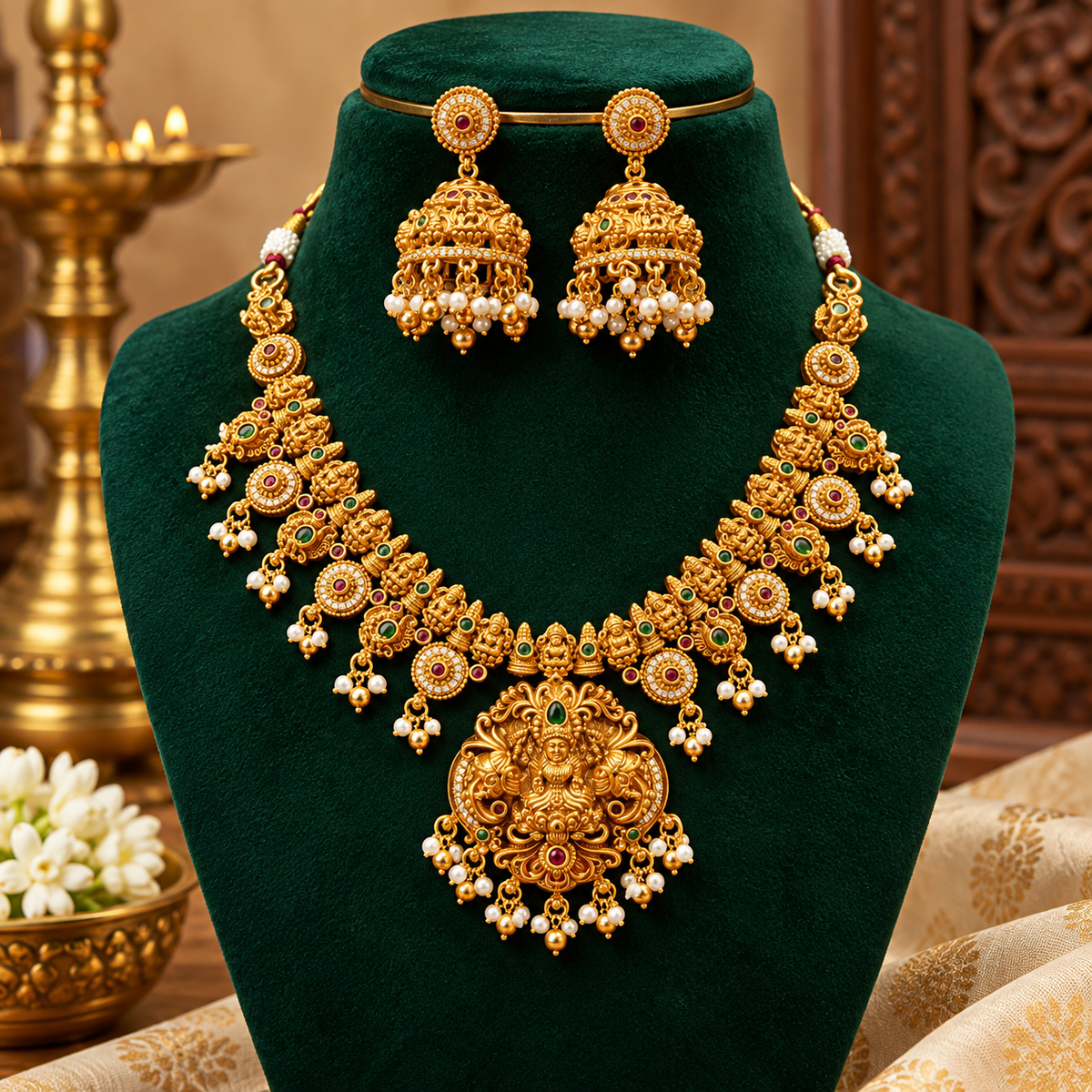Elegant Lakshmi Devi Temple Jewellery Set – Necklace & Jhumkas 👑✨