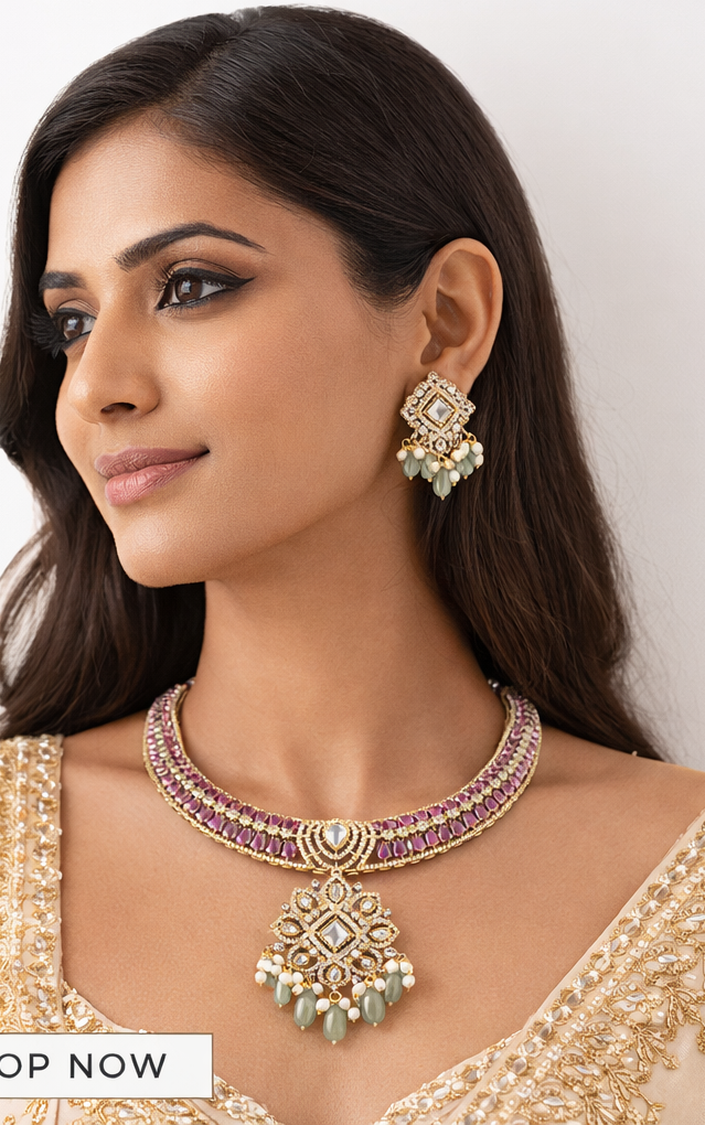Royal Pink Stone Necklace Set with Earrings