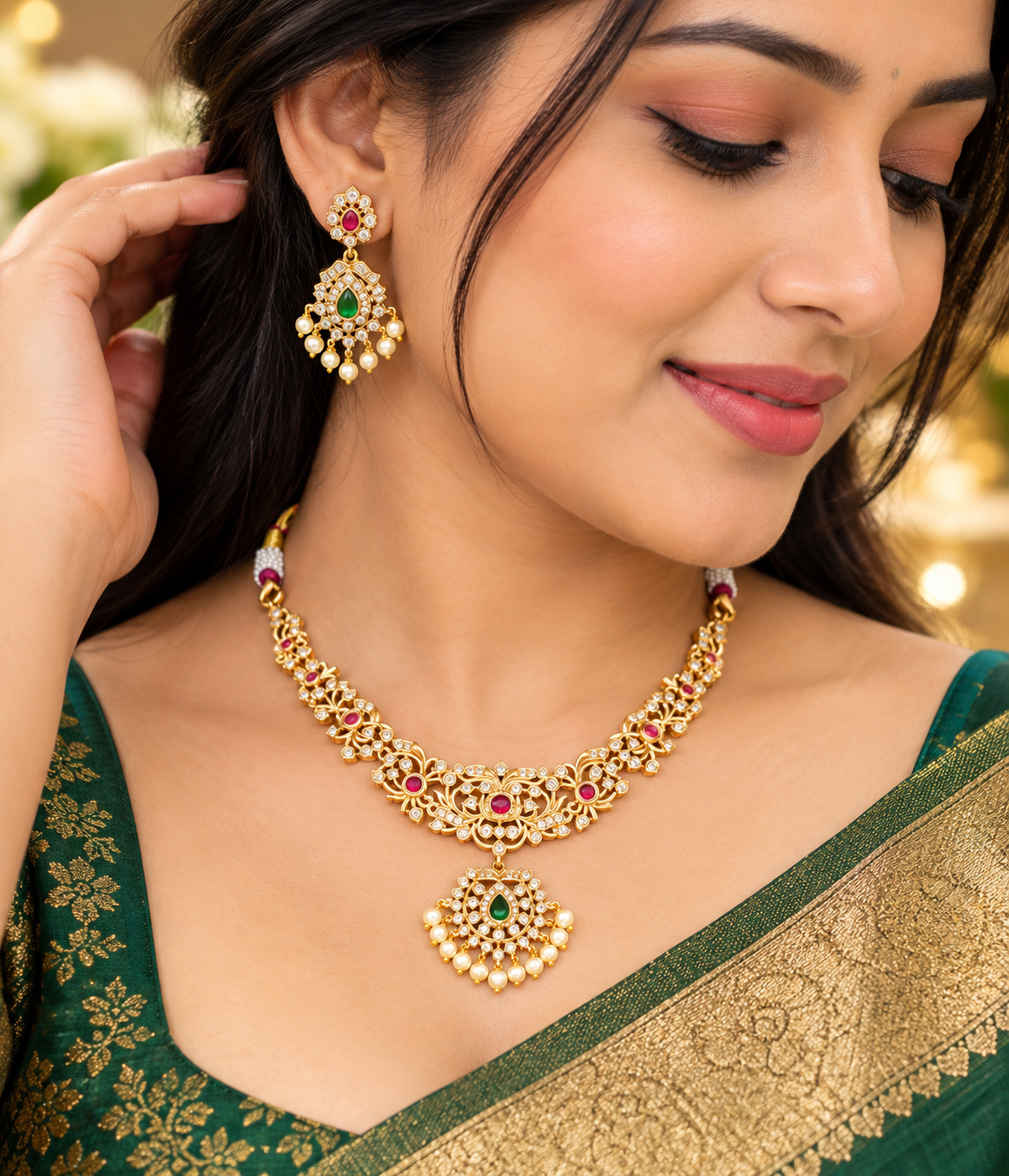 Elegant Ruby & Emerald Necklace Set with Pearl Drops🥰😍