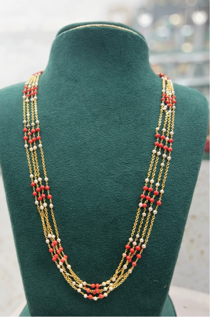 Coral and pearls chandraharam 4lines 24inch