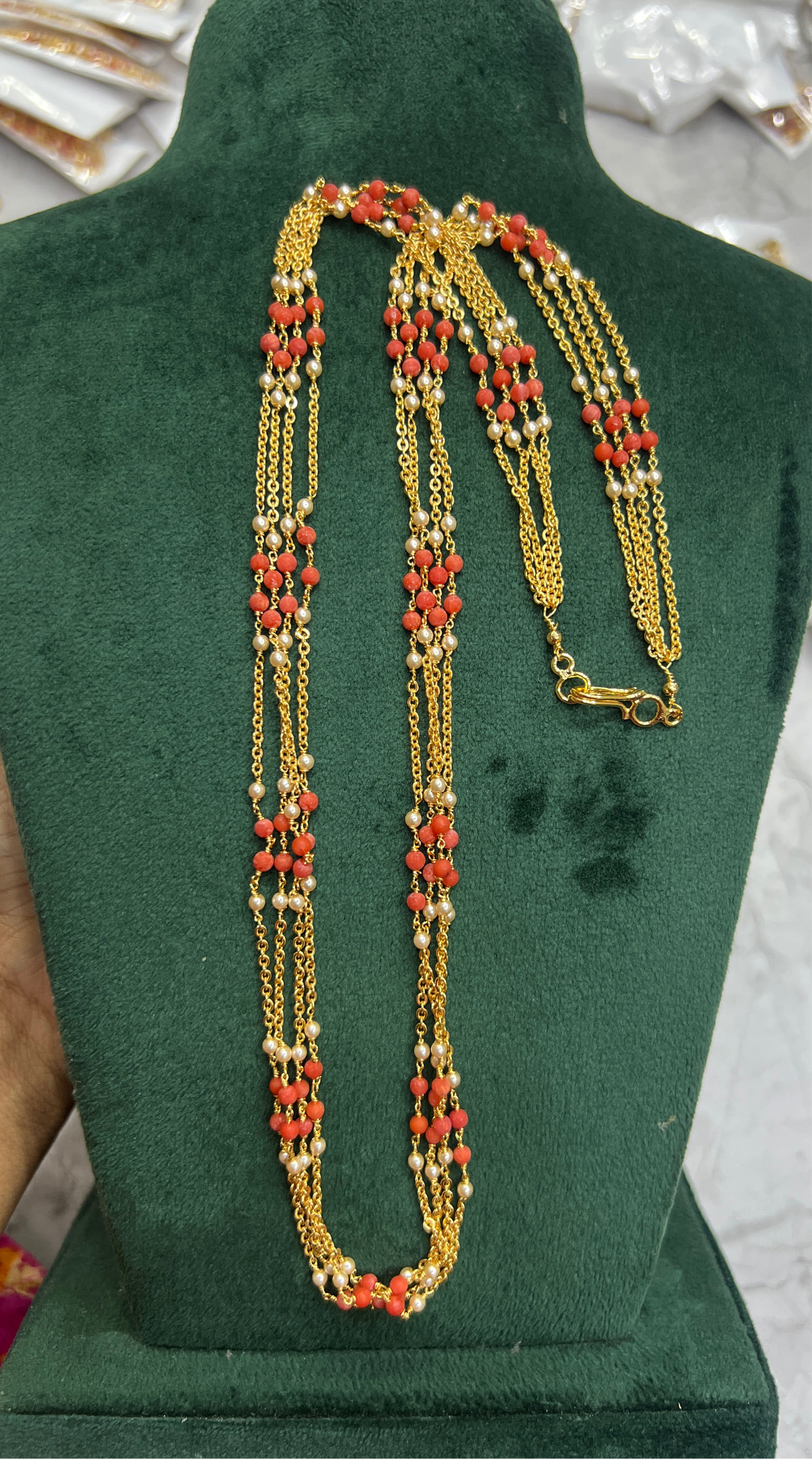 Coral and pearls chandraharam 4lines 24inch