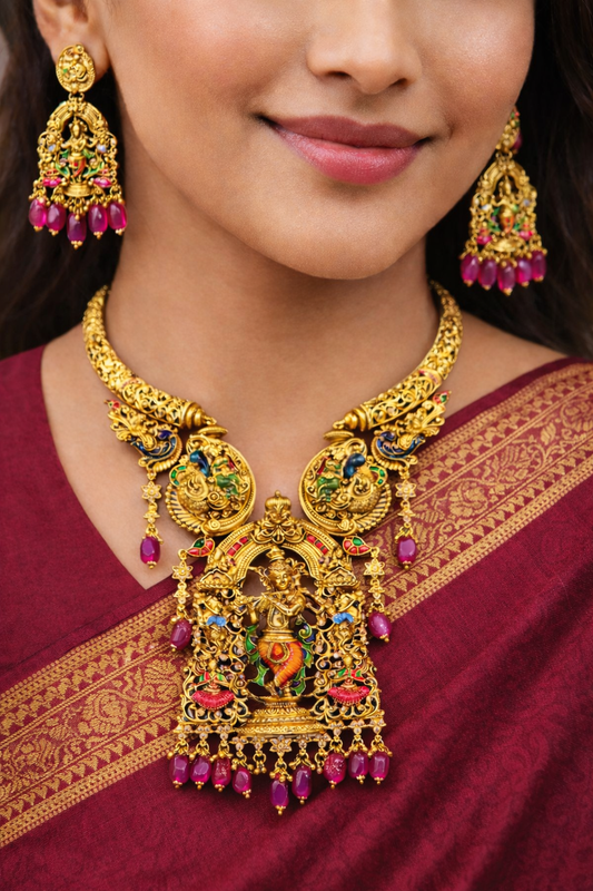 Krishna Leela – Premium Nakshi Necklace Set with Earrings
