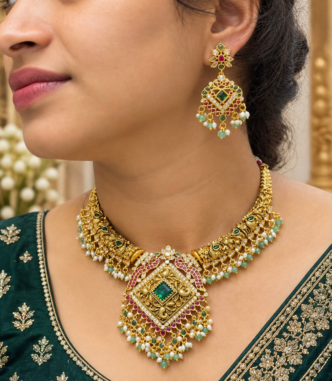 Elegant Emerald & Ruby Designer Temple Necklace Set😍😘