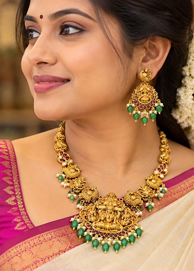 Elegant Lakshmi Devi Temple Necklace with Green Beads ✨