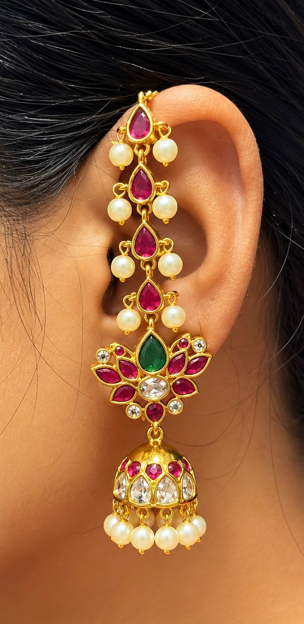 Royal Ruby Peacock Pearl Jhumka Earrings 👑