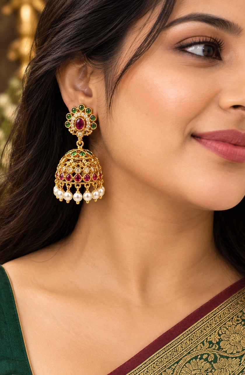 Royal Green & Ruby Stone Jhumka Earrings ✨
