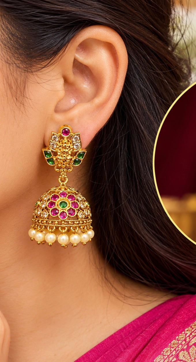 Royal Lakshmi Devi Stone Jhumka Earrings ⚡️🤗🌟