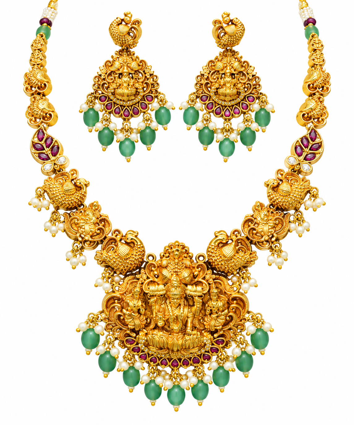 Elegant Lakshmi Devi Temple Necklace with Green Beads ✨