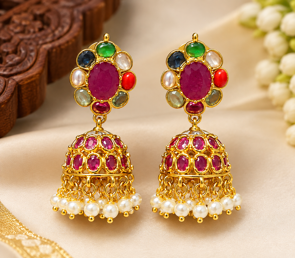 Royal Ruby & Multicolor Stone Designer Jhumkas ❤️😍