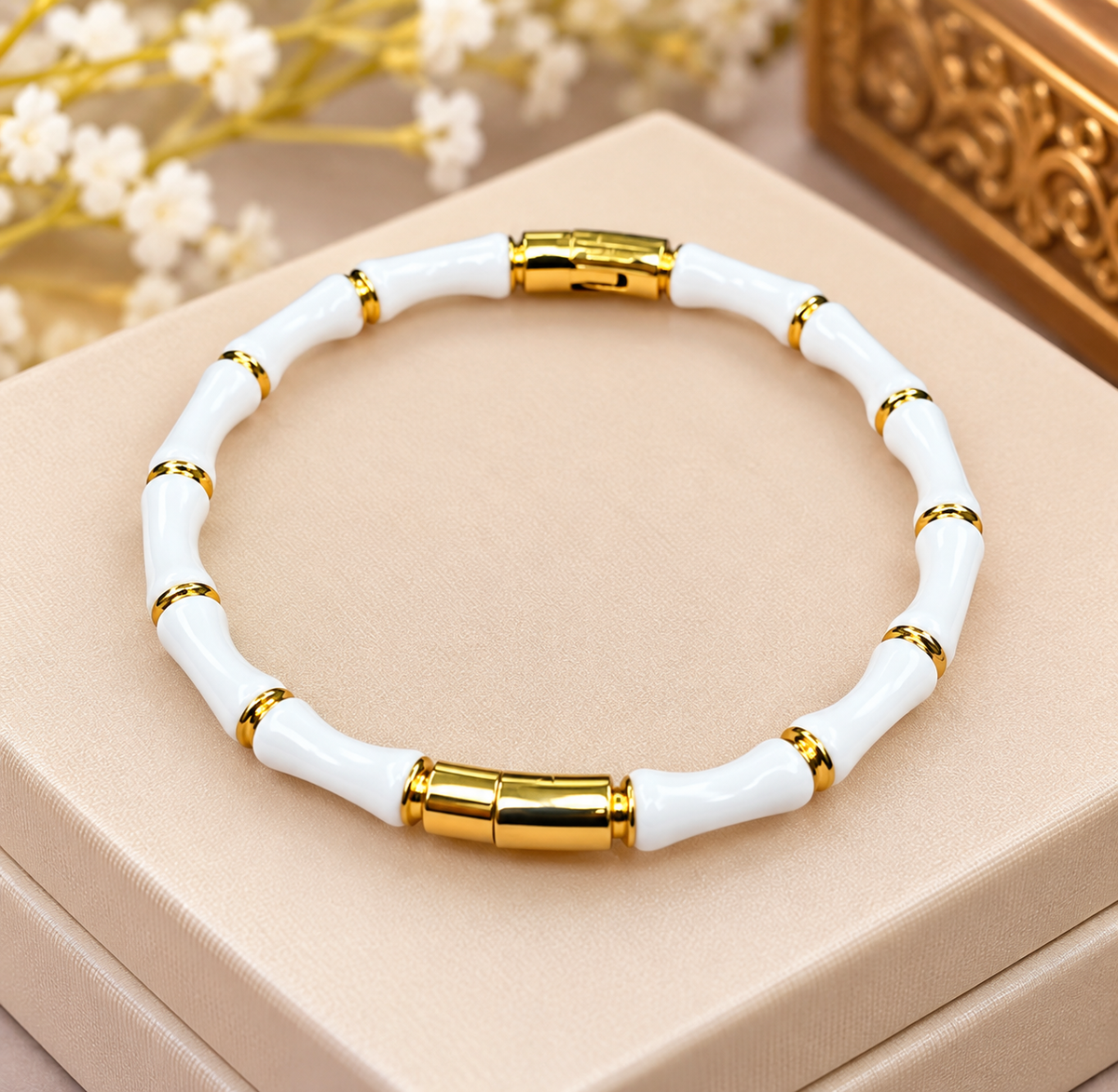 Elegant White Beads & Gold Accent Bamboo Kada 😍🤍