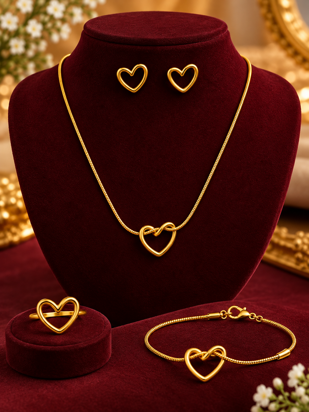 Premium Heart Design Necklace, Earrings, Ring & Bracelet Set 🥳🤩