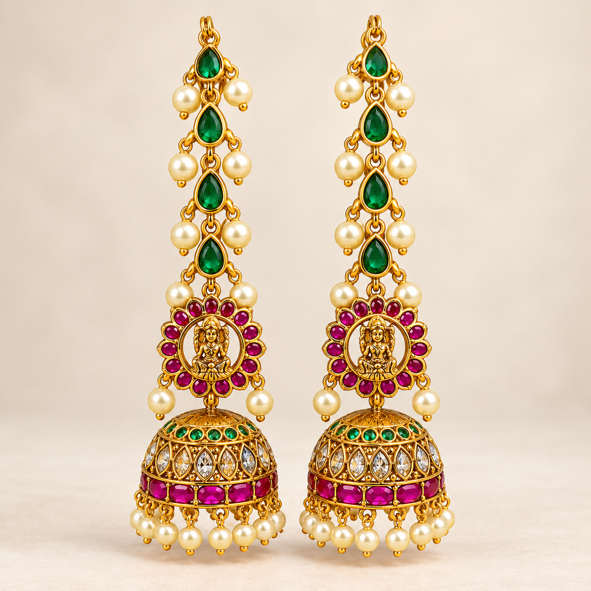 Elegant Emerald Green Stone & Pearl Long Jhumka Earrings ✨
