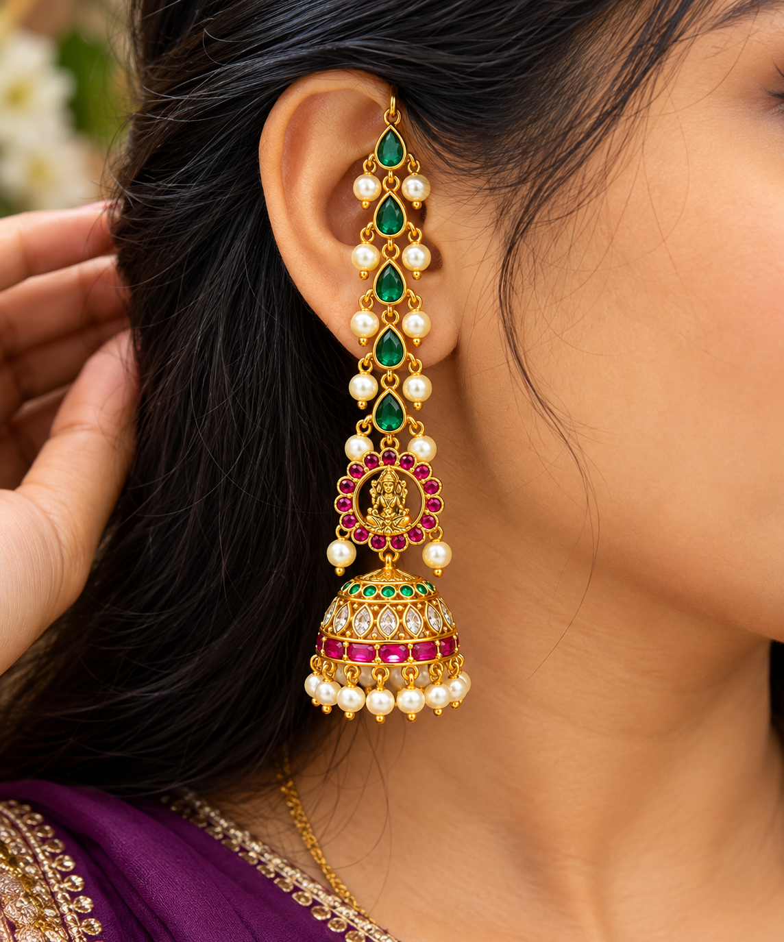 Elegant Emerald Green Stone & Pearl Long Jhumka Earrings ✨