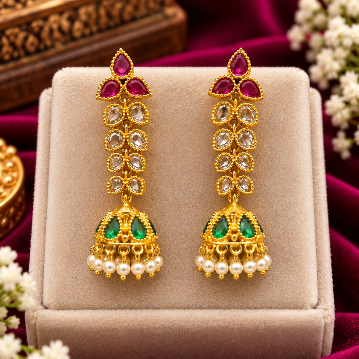 Royal Ruby & Emerald Stone Jhumka Earrings 👑✨