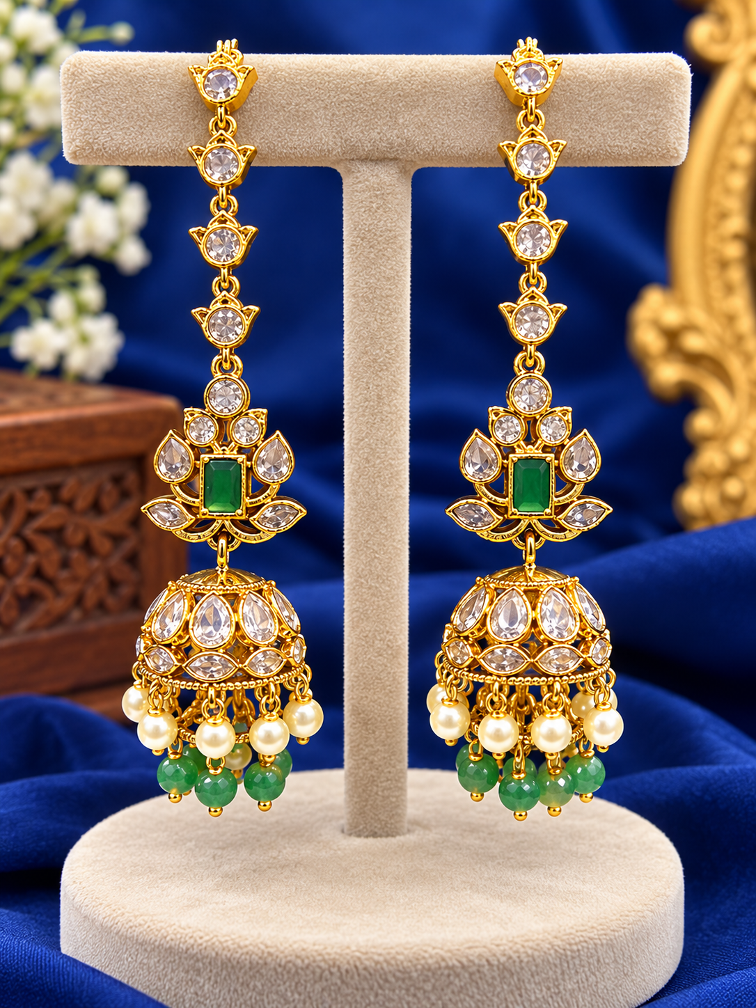 Designer Emerald Stone Earrings & Mattelu – Traditional Long Jhumka 💚✨