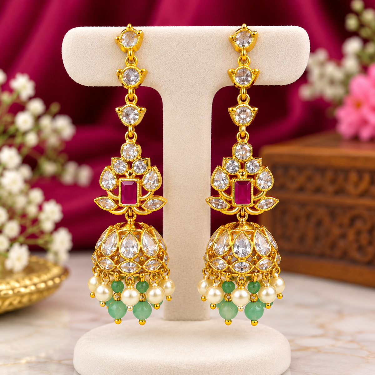 Designer Emerald Stone Earrings & Mattelu – Traditional Long Jhumka 💚✨