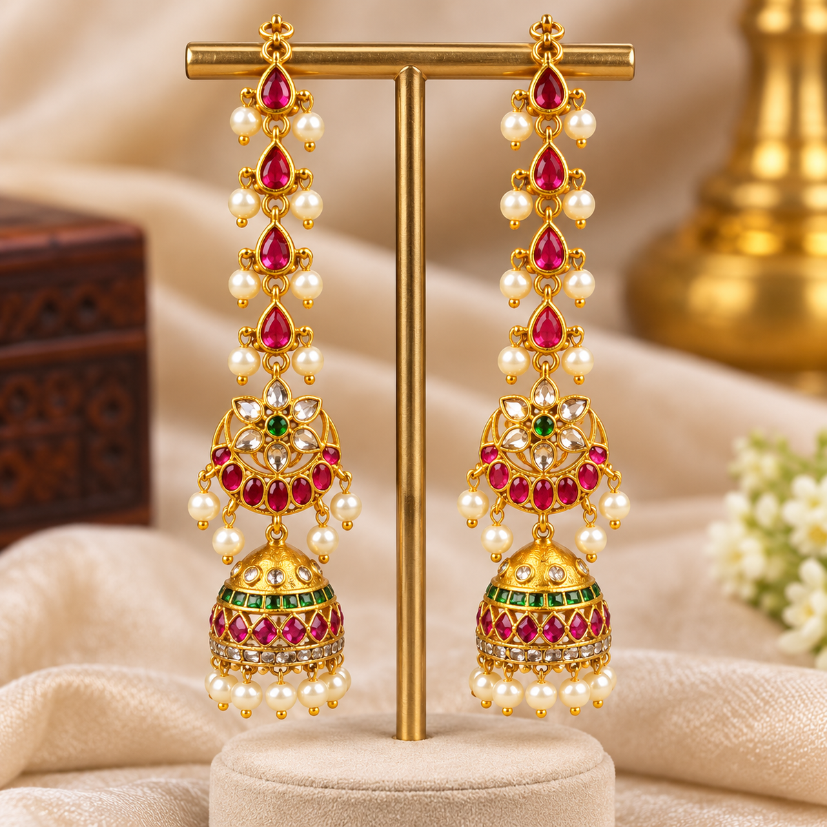 Traditional Ruby & Pearl Jhumka with Ear Chain 🥰🎶🤩
