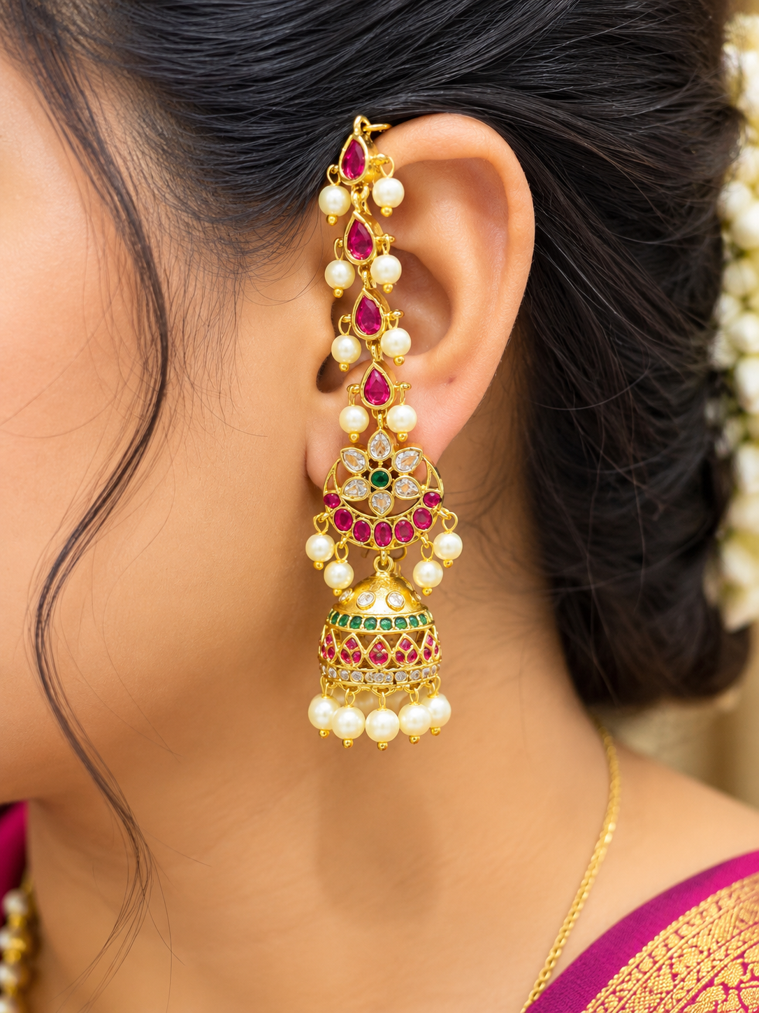 Traditional Ruby & Pearl Jhumka with Ear Chain 🥰🎶🤩