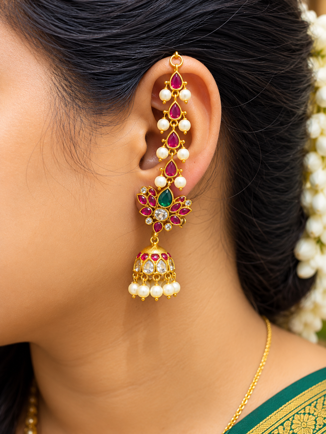 Royal Ruby Green Stone Pearl Jhumka Ear Chain ✨