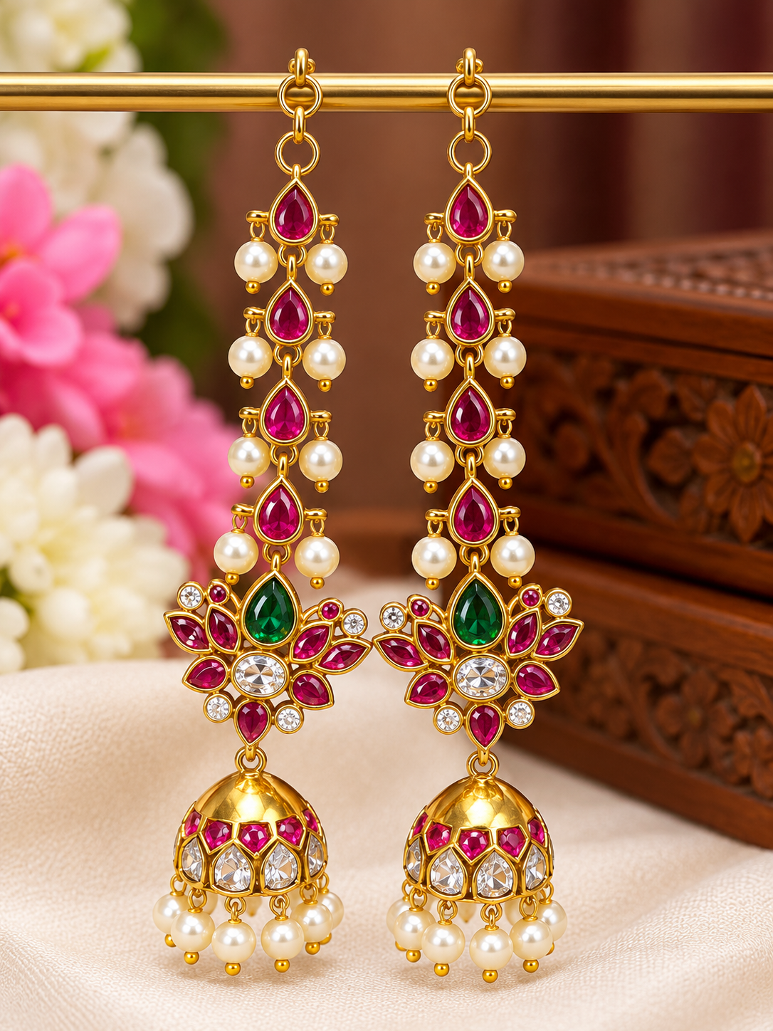 Royal Ruby Green Stone Pearl Jhumka Ear Chain ✨