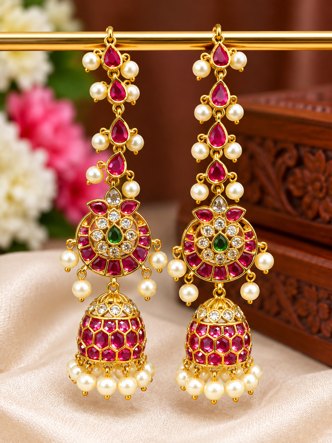 Ruby Pearl Floral Jhumka Ear Chain 💕🤩
