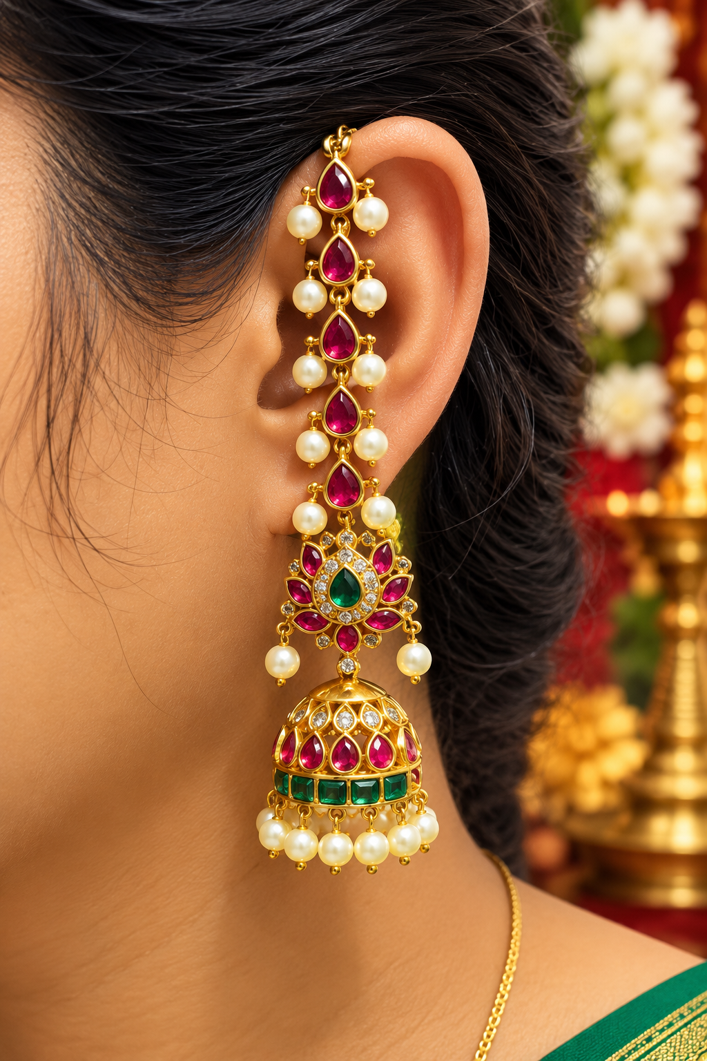 Designer Ruby Green Pearl Jhumka🥰😍