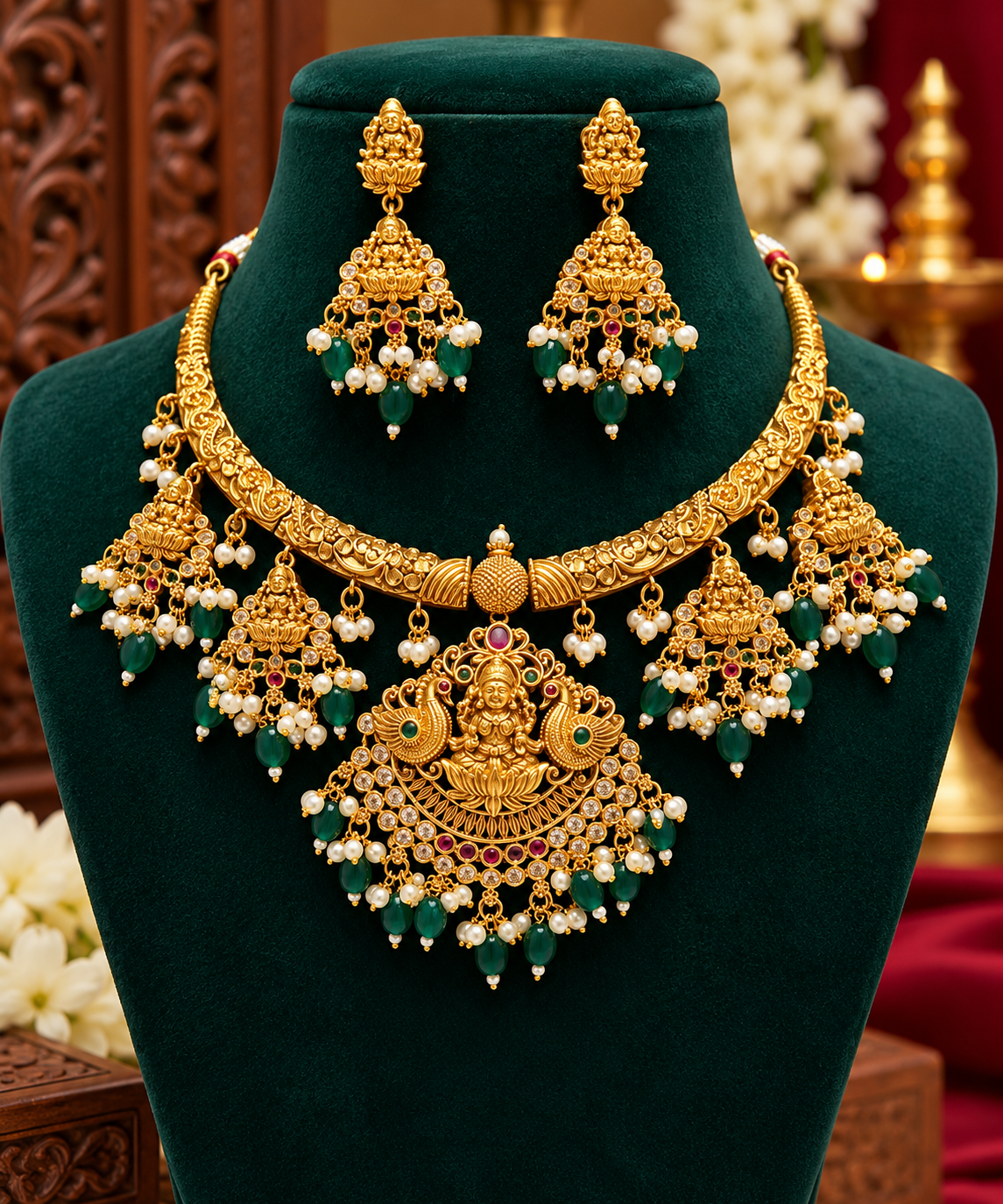 Grand Lakshmi Temple Green & Pink Necklace Set❤️😍