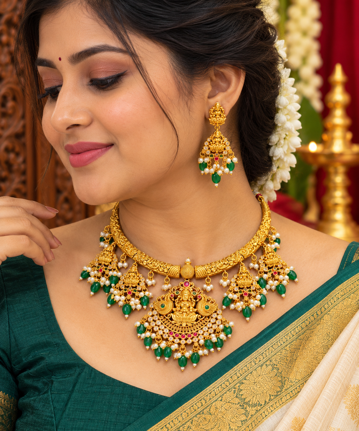 Grand Lakshmi Temple Green & Pink Necklace Set❤️😍