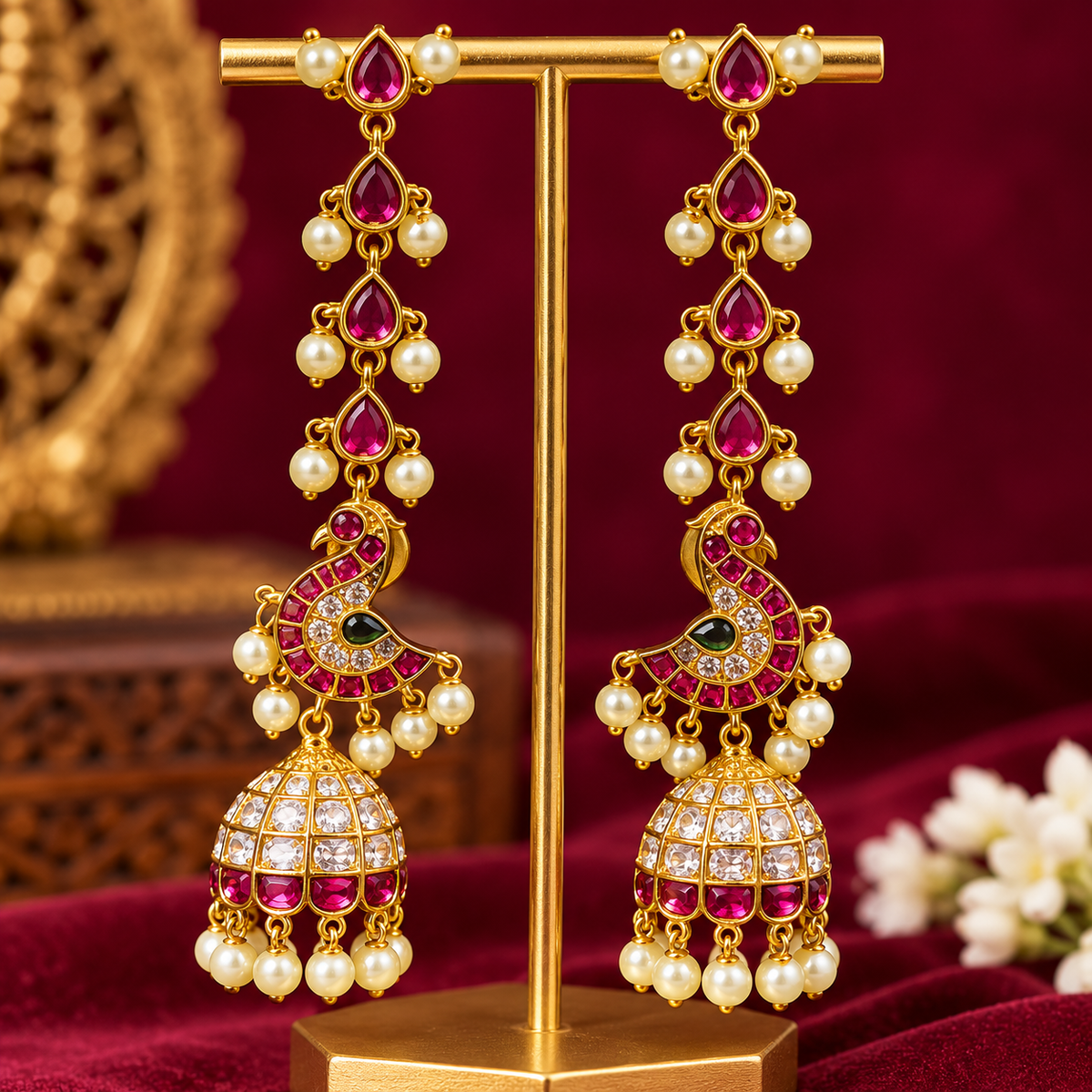 Royal Ruby Peacock Pearl Jhumka Earrings 😍❤️