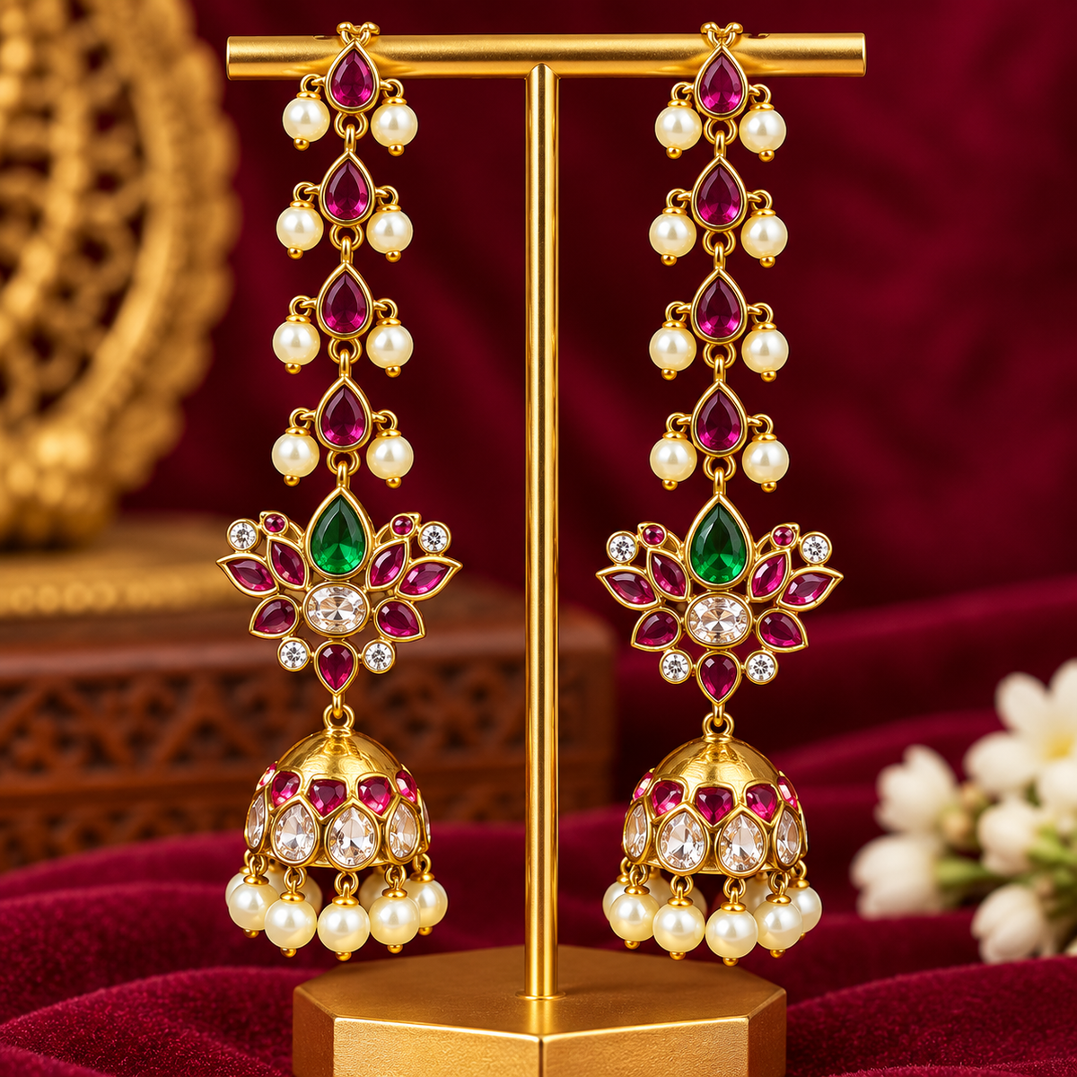 Royal Ruby Peacock Pearl Jhumka Earrings 👑