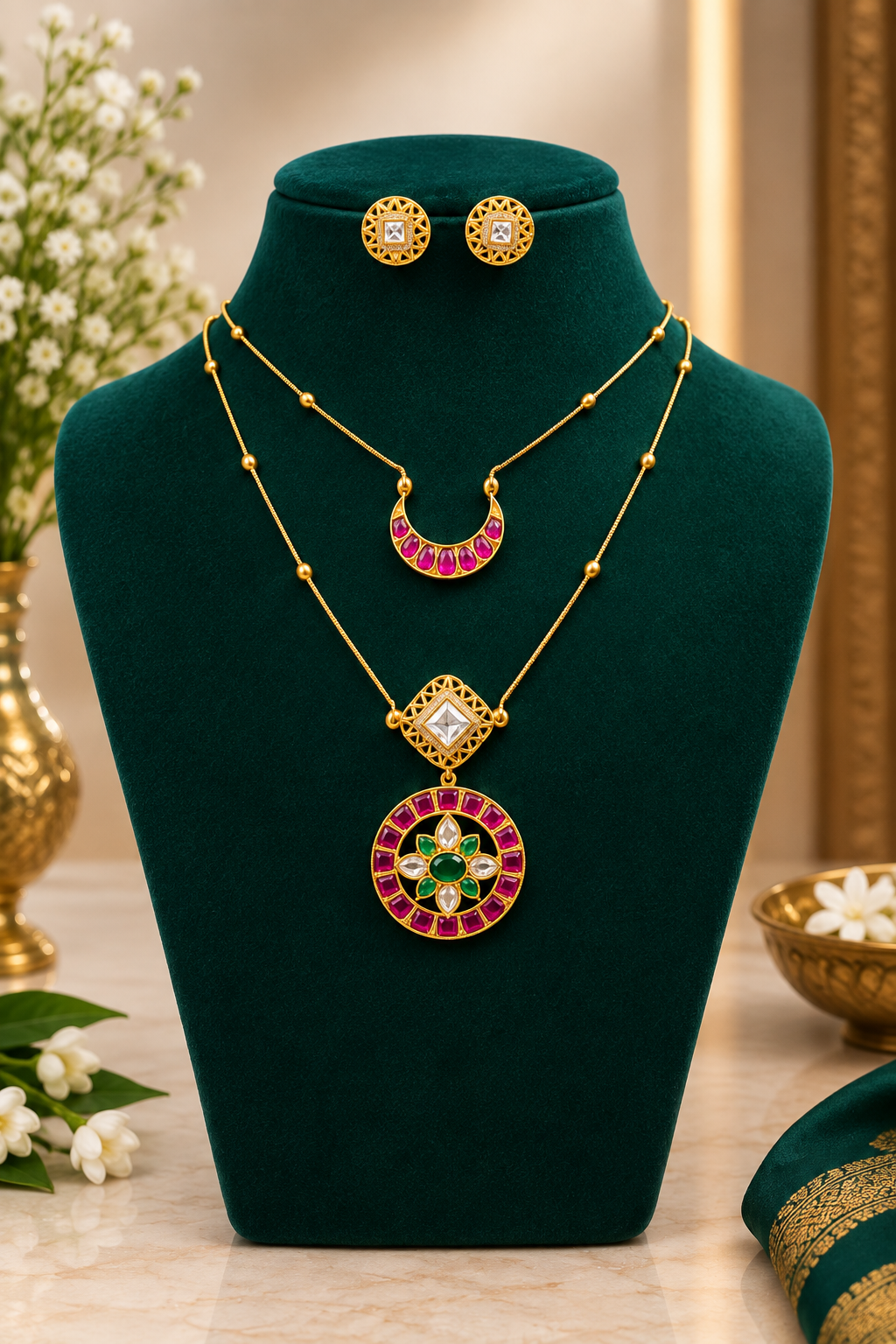 Elegant Ruby & Emerald Dual-Layer Necklace Set ✨