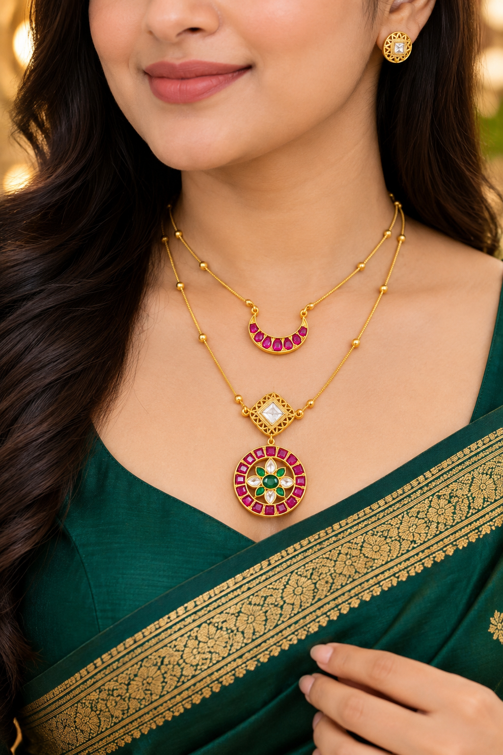 Elegant Ruby & Emerald Dual-Layer Necklace Set ✨