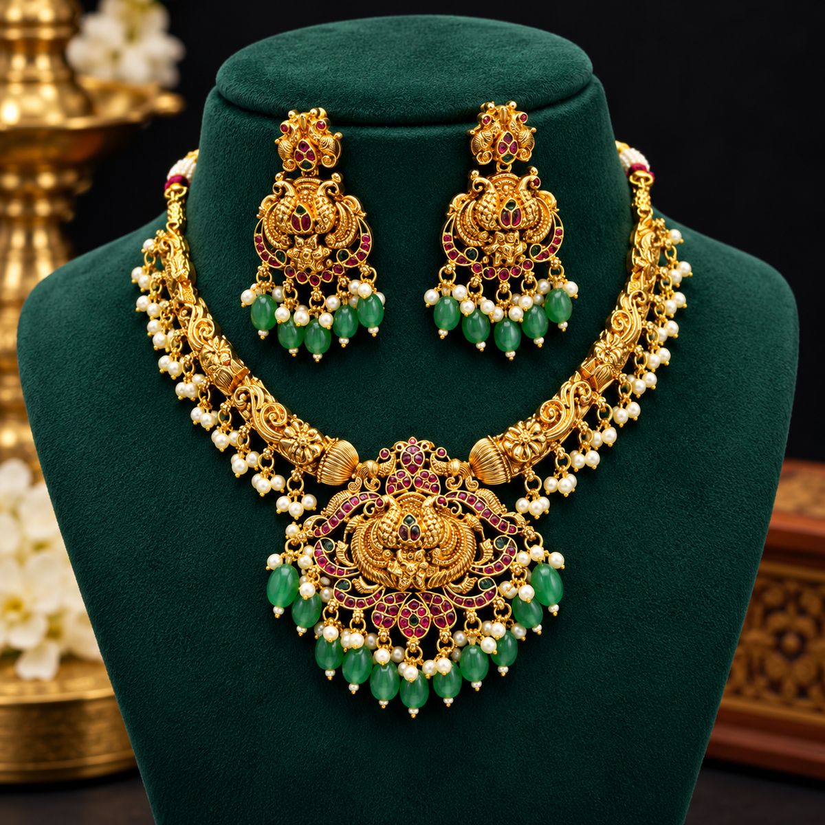 Traditional Peacock Kemp Stone Necklace Set 😇🥰