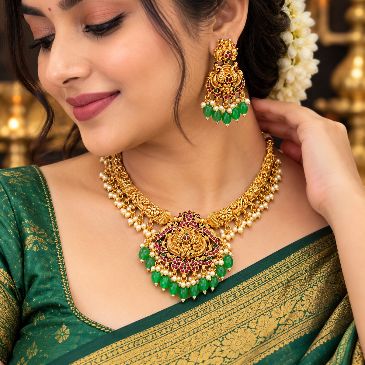 Traditional Peacock Kemp Stone Necklace Set 😇🥰