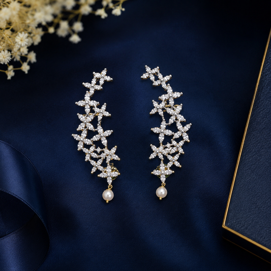 Luxury Floral Diamond Ear Cuff with Pearl Drop ✨💫