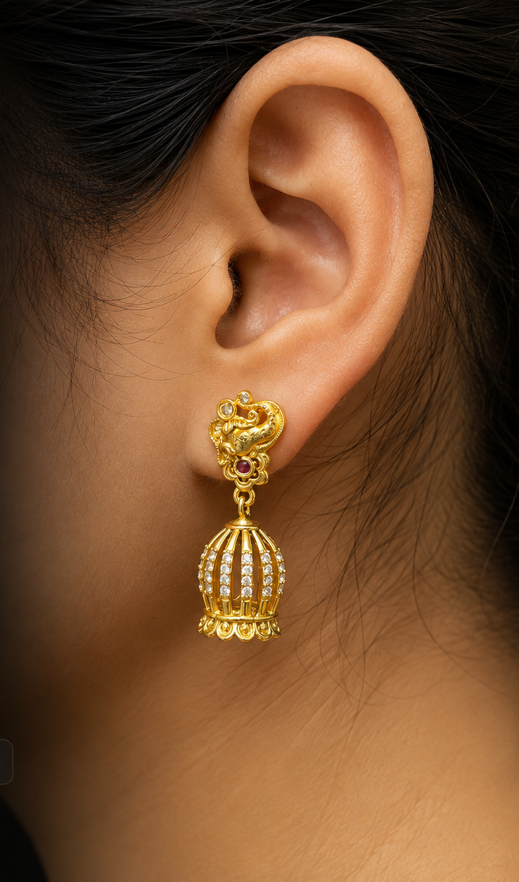 Elegant Peacock Nakshi Gold Jhumka Earrings 💛 💗⚡️