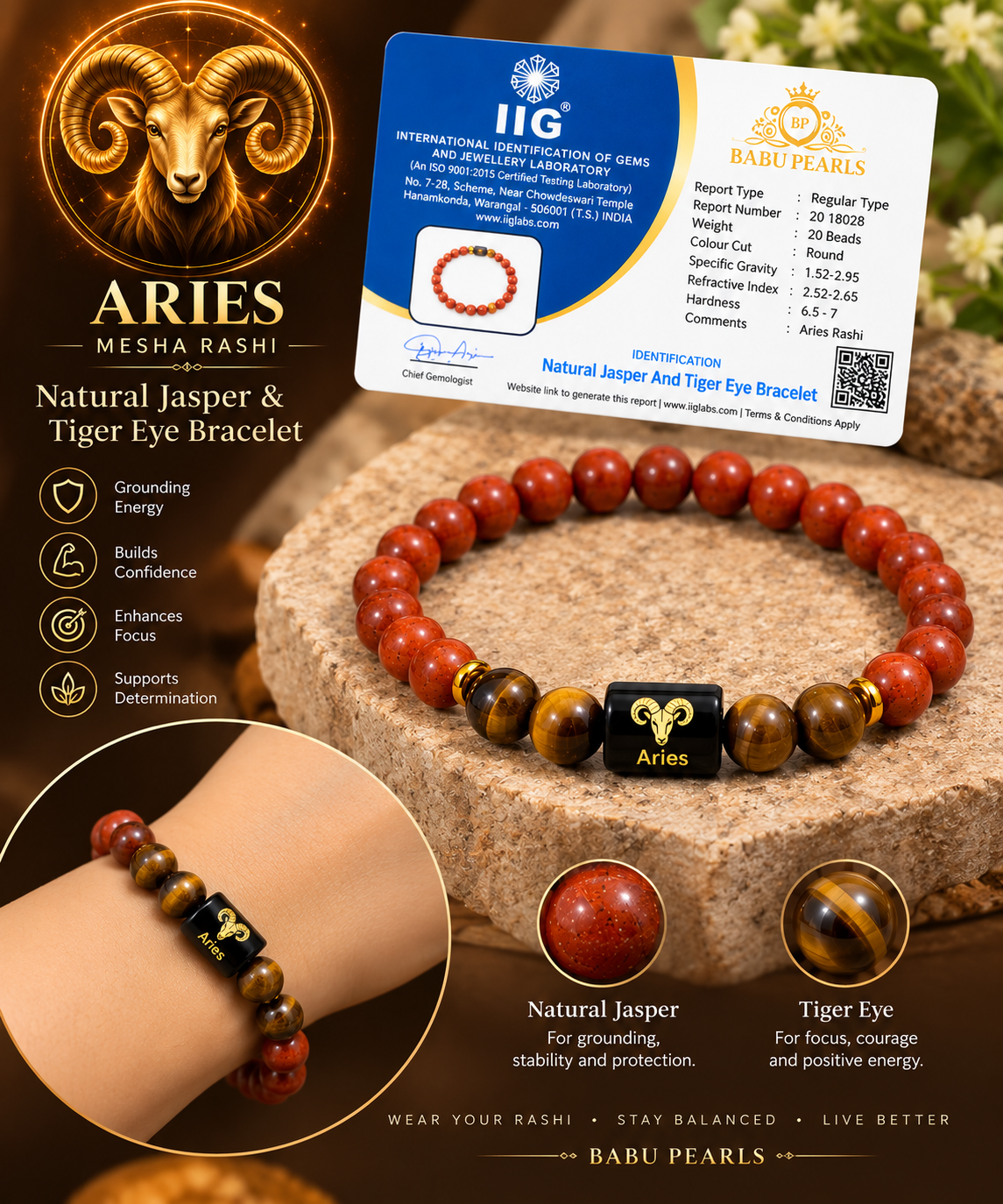 Aries (mesha rasi) zodiac red jasper and tiger eye bracelet