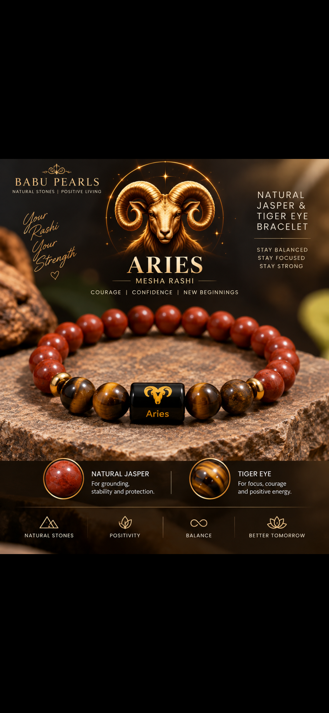 Aries (mesha rasi) zodiac red jasper and tiger eye bracelet