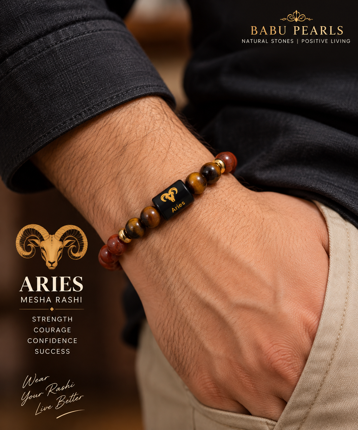 Aries (mesha rasi) zodiac red jasper and tiger eye bracelet