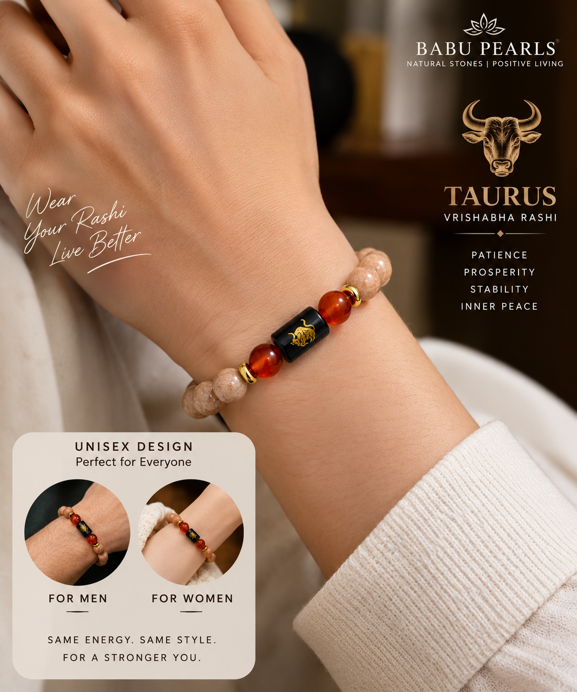 Taurus (vrishabha rasi) sunstone and carenelian bracelet