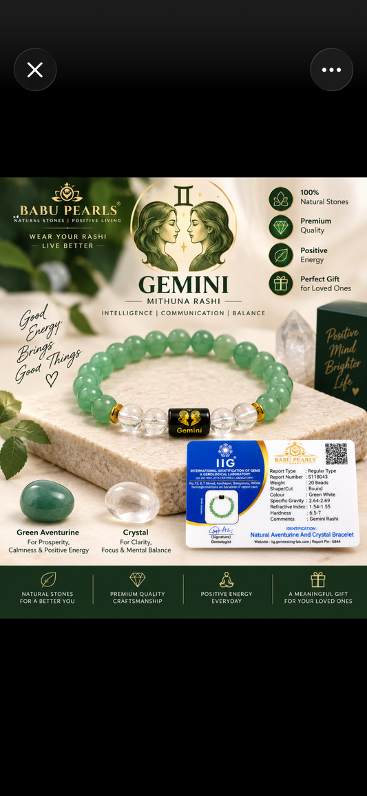 Gemini (mithuna rasi)aventurine and crystal bracelet